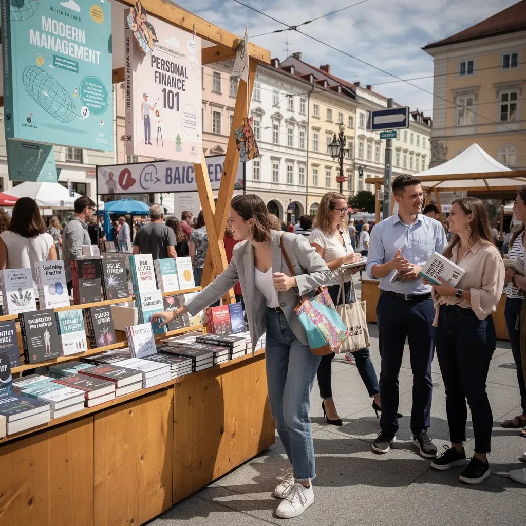 Ein Stapel von Business- und Finanzbüchern auf einem Schreibtisch mit Notizen und einem Laptop.