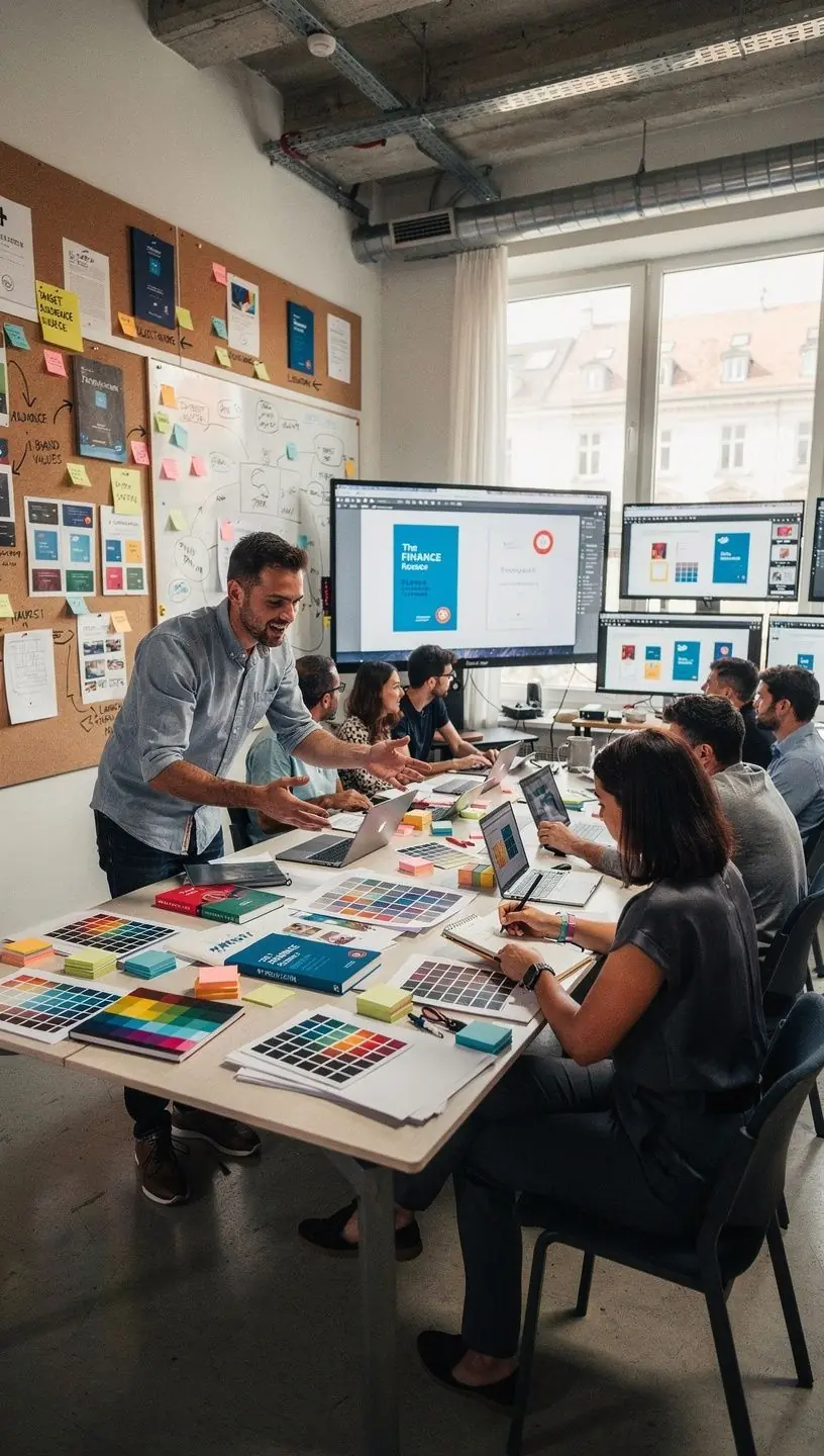 Ein Gruppenmeeting in einem Konferenzraum, bei dem Teilnehmer Гјber Strategien aus einem Finanzbuch diskutieren.